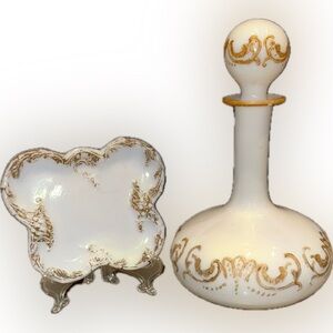 Victorian Milk Glass Barber Bottle With Original Stopper & Matching Trinket Dish